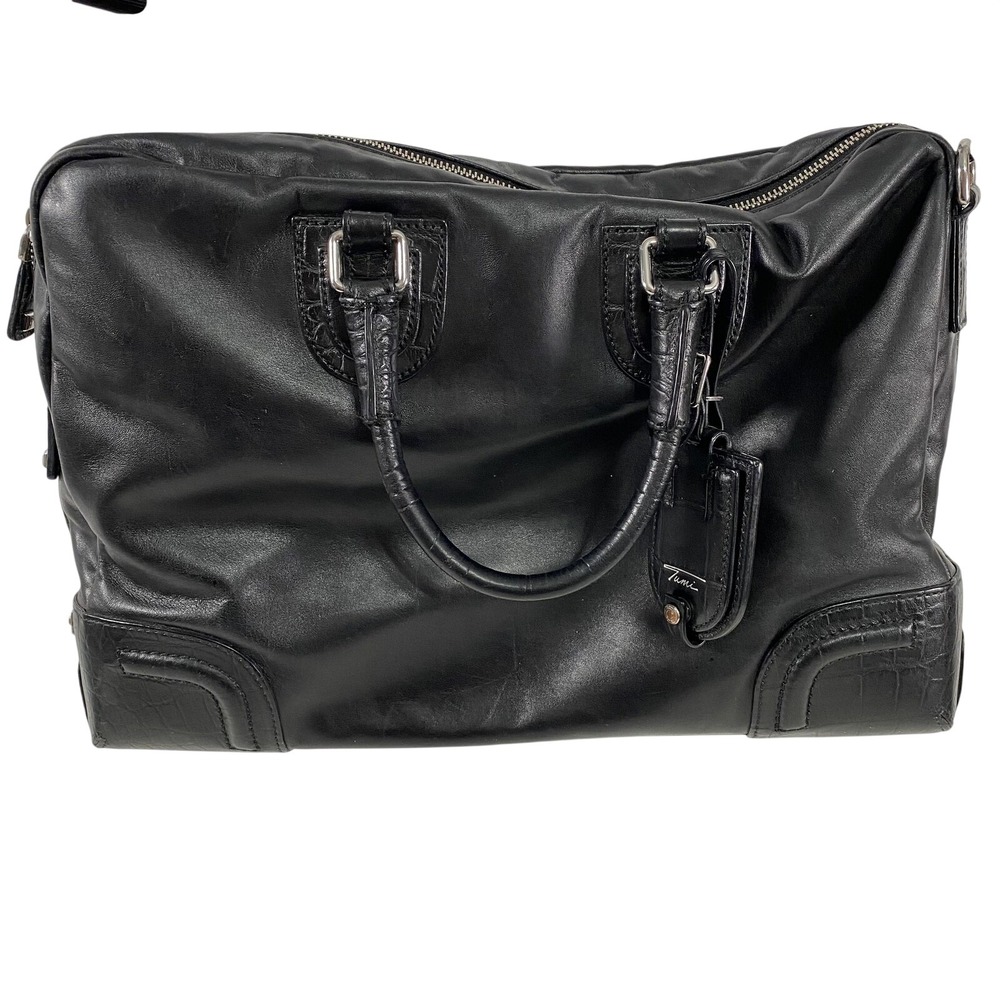 Tumi Black Leather Satchel Shoulder Bag Crossbody Top Zip Luggage Tag Crocodile